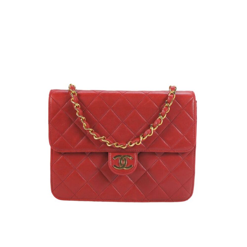 Chanel Womens Leather Quilted Classic Flap Shoulder Handbag Red Lambskin